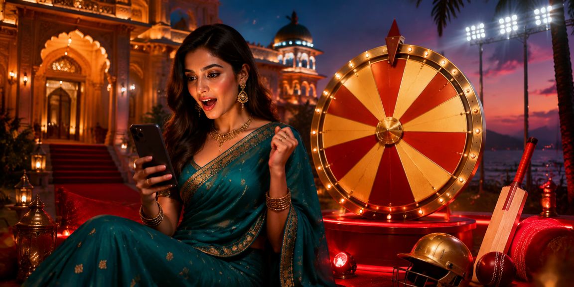 Indian woman placing cricket bets via mobile app in stylish saree