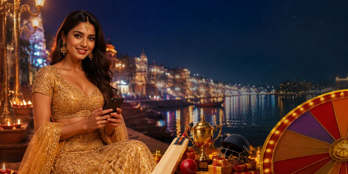 Indian woman enjoying cricket betting on mobile device in Varanasi
